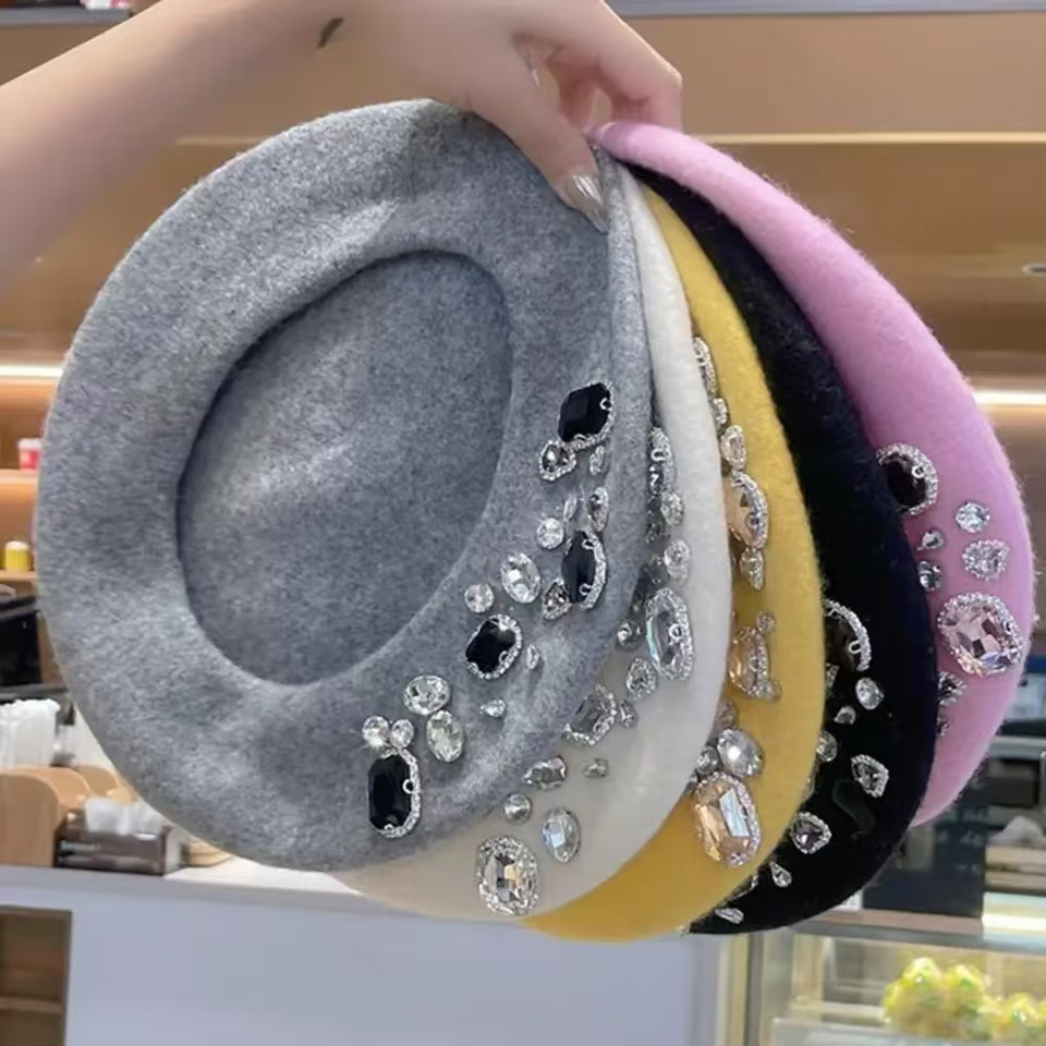 French Beret Thick Rhinestone  - Beret French Wool 评论和价格
