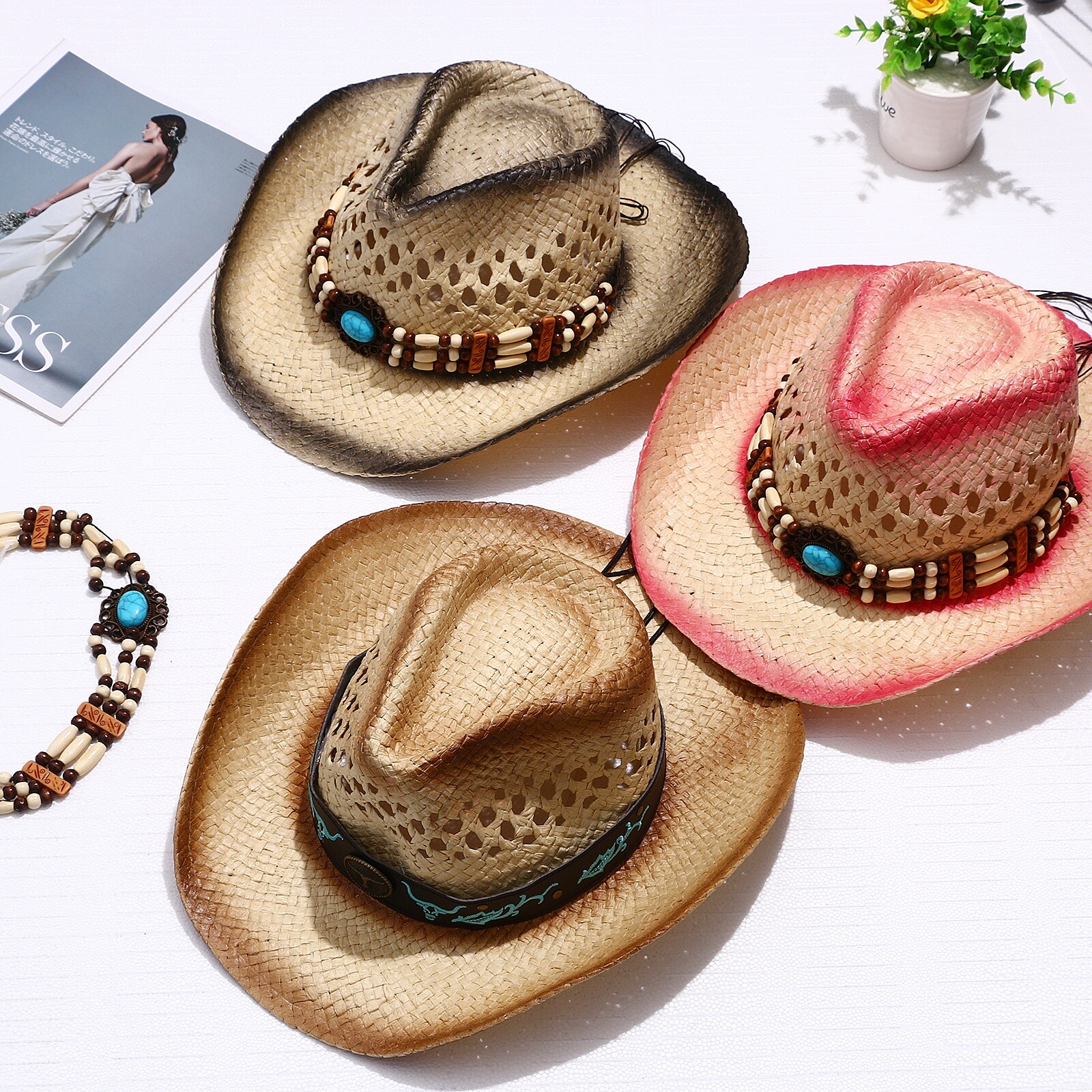 Men's Womens Bohemian Straw Su - Cowboy Hat Straw 评论和价格