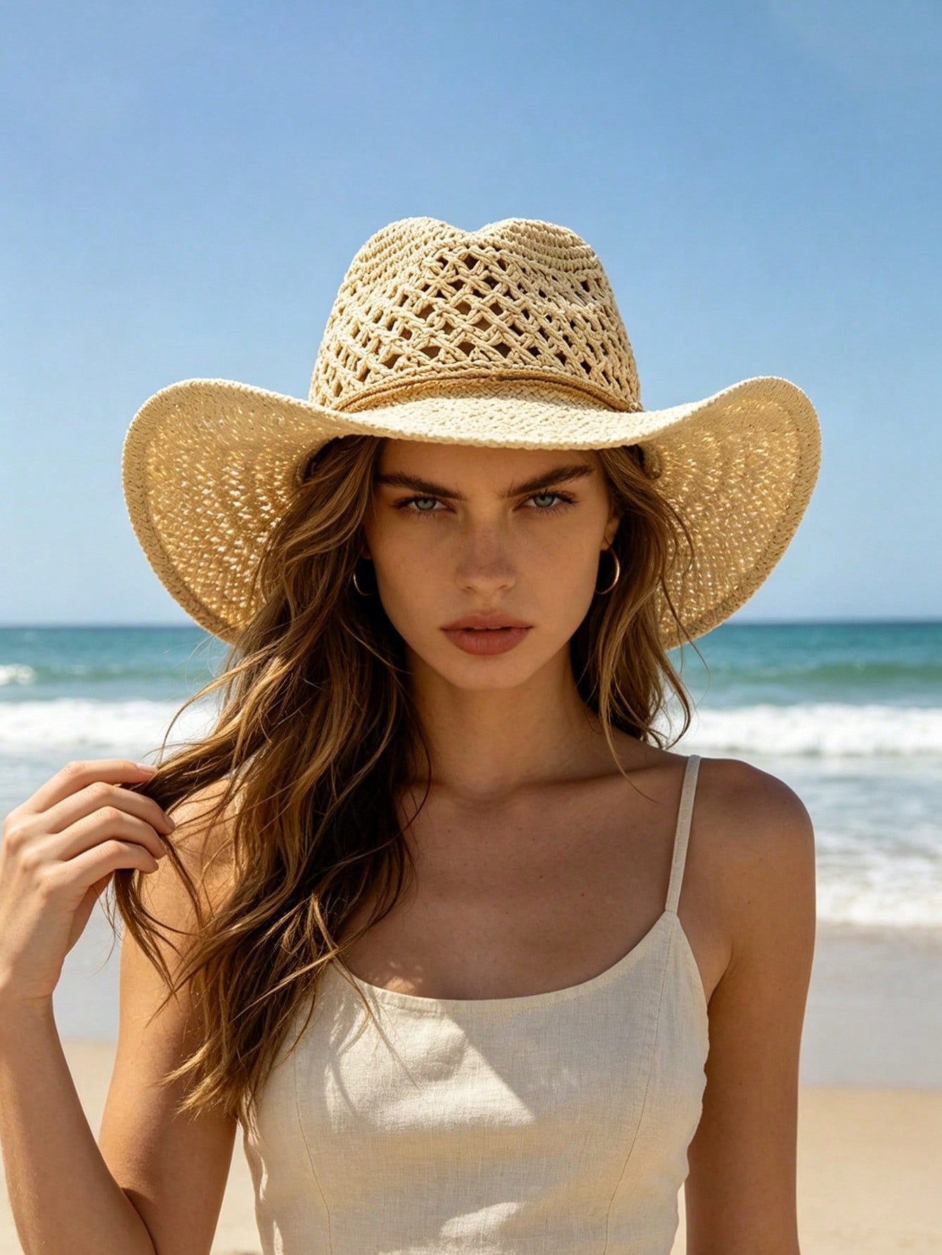 1pc Unisex Retro Hollow Curled - Cowboy Hat Straw 评论和价格